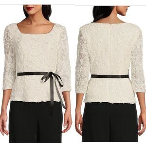 ALEX EVENINGS Off White Square Neck 3/4 Sleeve Tie Sash Soutache Blouse-M